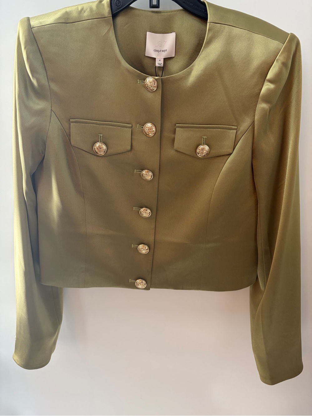 cinq a sept Rainier Olive Cropped Military Blazer Jacket with Gold Buttons